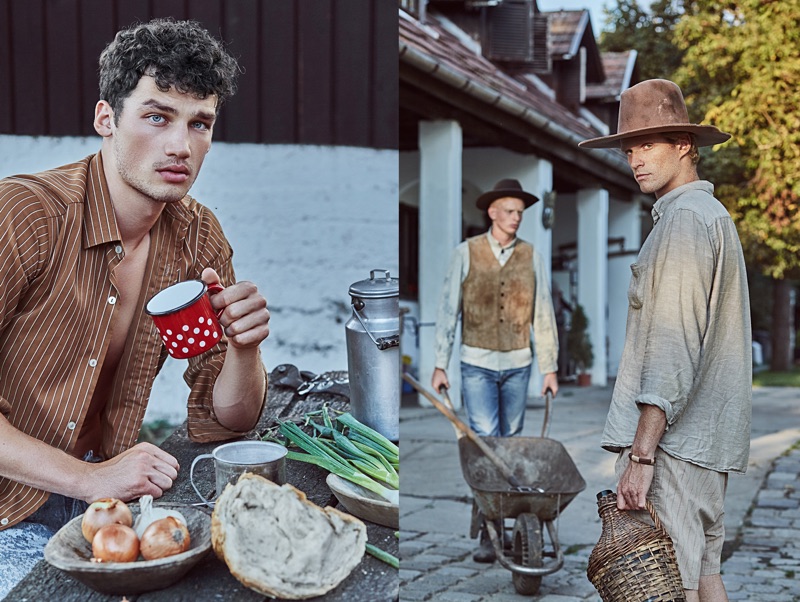 Left to Right: Misa wears shirt Antifactory Vintage Shop. Oliver wears jeans Levi's, boots Blackstone, hat Schilling Kolos, vintage shirt and vest stylist's own. Noel wears vintage clothes Noel.