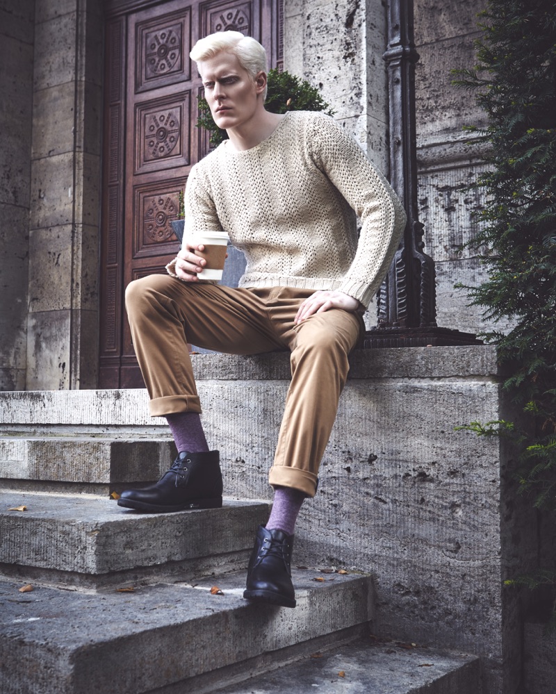 Celso Da Costa Hamelink outfits Stephen Thompson in a Maison Margiela sweater, Tommy Hilfiger pants, Falke socks, and Hugo Boss shoes.