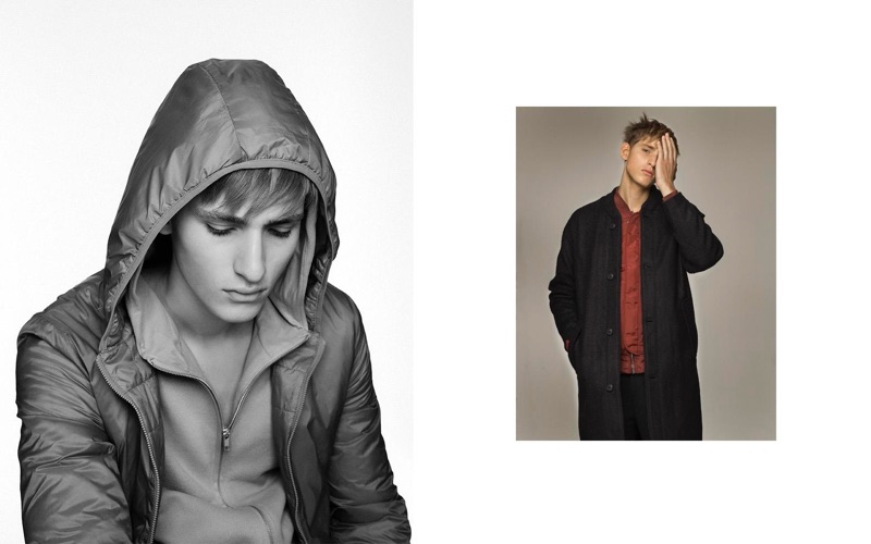 Left: Yanniek wears hooded jacket and full-zip sweatshirt American Vintage. Right: Yanniek wears bomber jacket and long coat H&M.