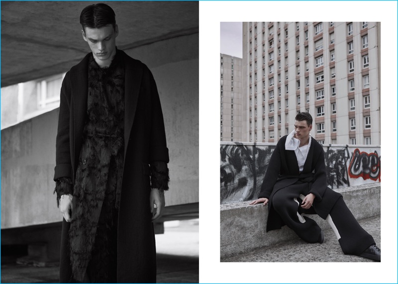 Model Filip Hrivnak ventures outdoors in fashions from Bottega Veneta, Loewe, and more.