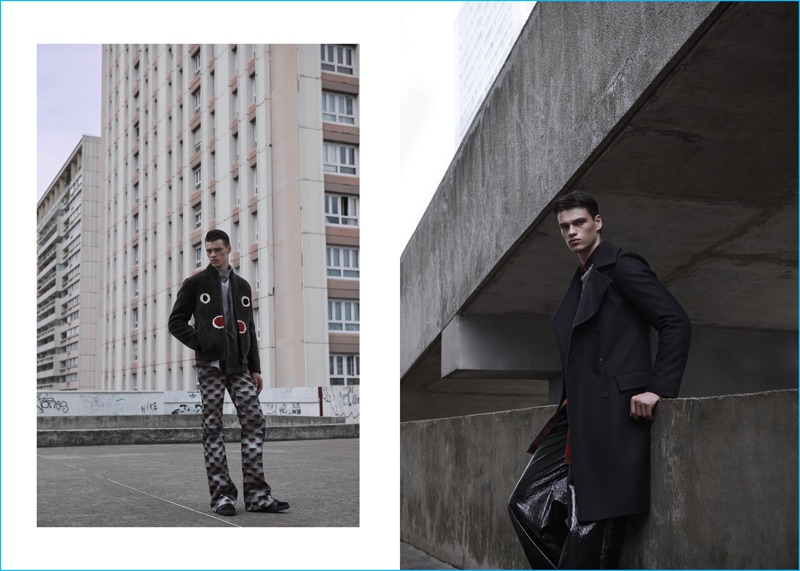 Pictured left, Filip Hrivnak steps out in a Fendi jacket for L'Officiel Hommes.