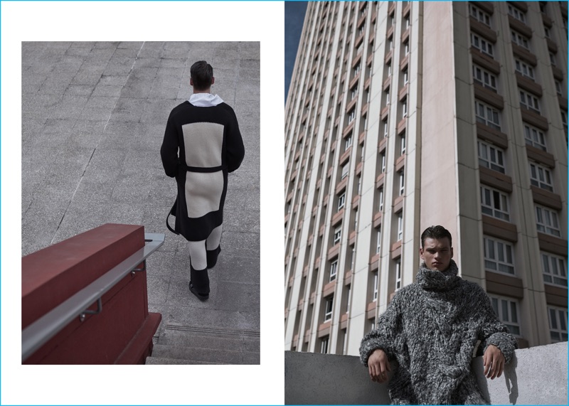 Appearing in an editorial for L'Officiel Hommes, Filip Hrivnak steps out in a graphic look from Loewe.