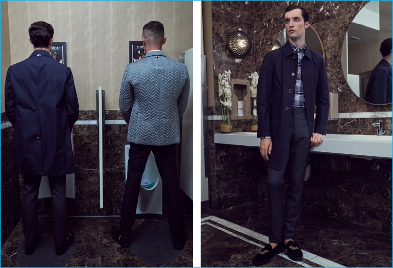 Models Max Von Isser and Simon Kotyk sport tailored fashions from Thom Browne. Pictured right, Max dons a classic packable waxed cotton jacket, winter madras brushed oxford shirt, jacquard trousers, and velvet slippers from the American designer.
