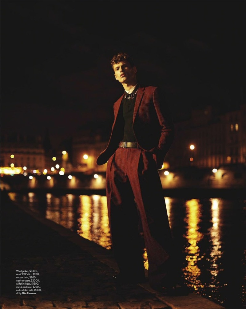 Model David Trulik wears a red suit from Dior Homme for GQ Australia.
