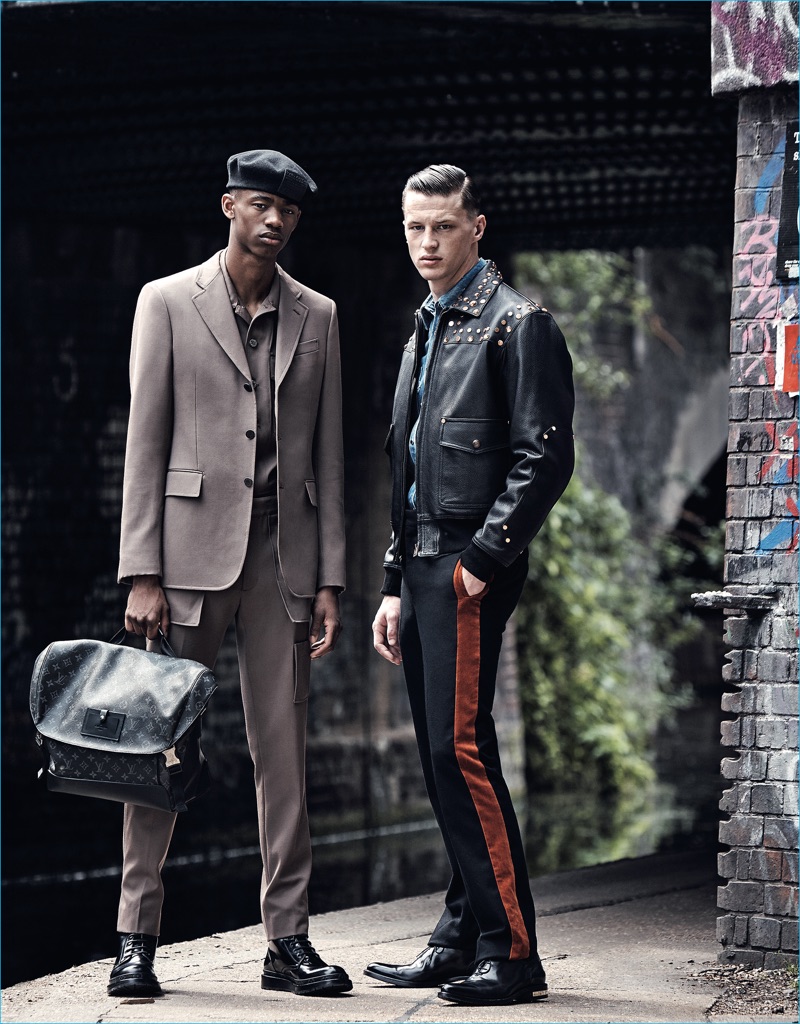 Pictured left to right, Montell Martin dons a monochromatic suiting number from Louis Vuitton, while Jack Buchanan embraces a modern cool in Givenchy for GQ France.