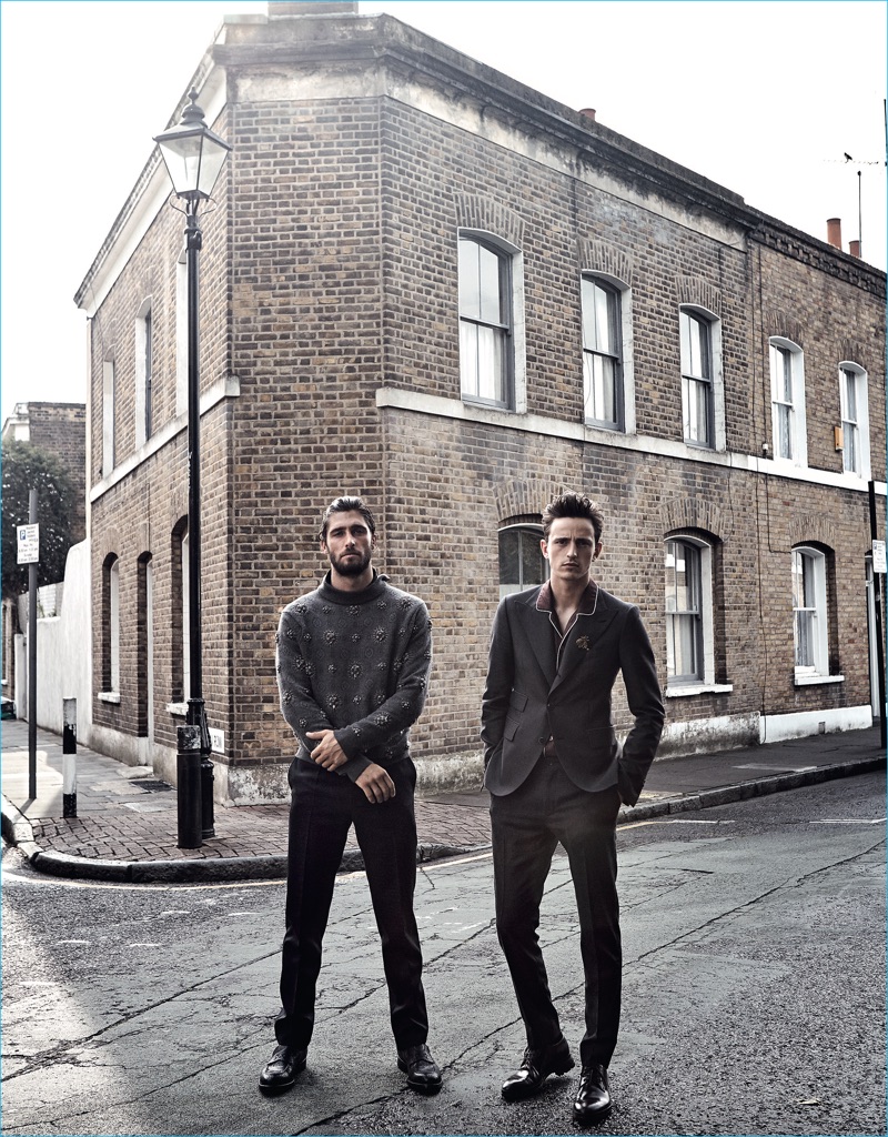 Pictured left to right, Alex Libby dons an embellished sweater from Ermenegildo Zegna Couture, while Alex Dunstan suits up in tailored Dolce & Gabbana look for GQ France.