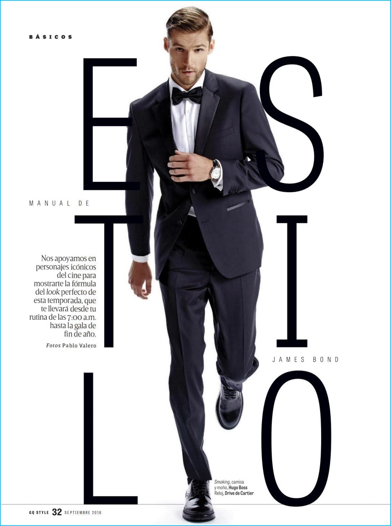 Mikus Lasmanis suits up in Hugo Boss tuxedo with a Cartier watch for GQ Style Mexico.
