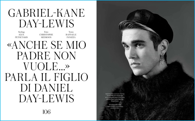 Model Gabriel-Kane Day-Lewis dons a military-style hat from Louis Vuitton with a Versace sweater for ICON Panorama.