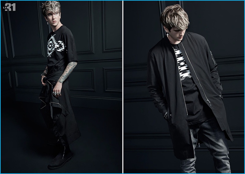 Simons enlists Gabriel-Kane Day-Lewis for a punk-inspired lookbook featuring a LE 31 symbol t-shirt with Jack & Jones super faded black skinny fit jeans and Represent suede boots.