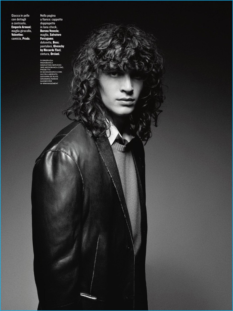 Andrea Gandini photographs George Culafic in a leather coat from Emporio Armani with a Valentino sweater and Prada shirt.