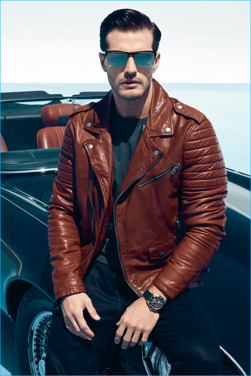 Sporting a brown leather biker jacket, Diego Miguel stars in GUESS' fall-winter 2016 men's eyewear campaign.