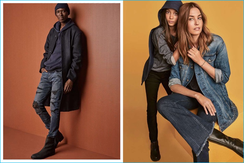 Armando Cabral embraces an urban cool in a long coat, distressed jeans, and a blue hoodie from H&M Conscious.