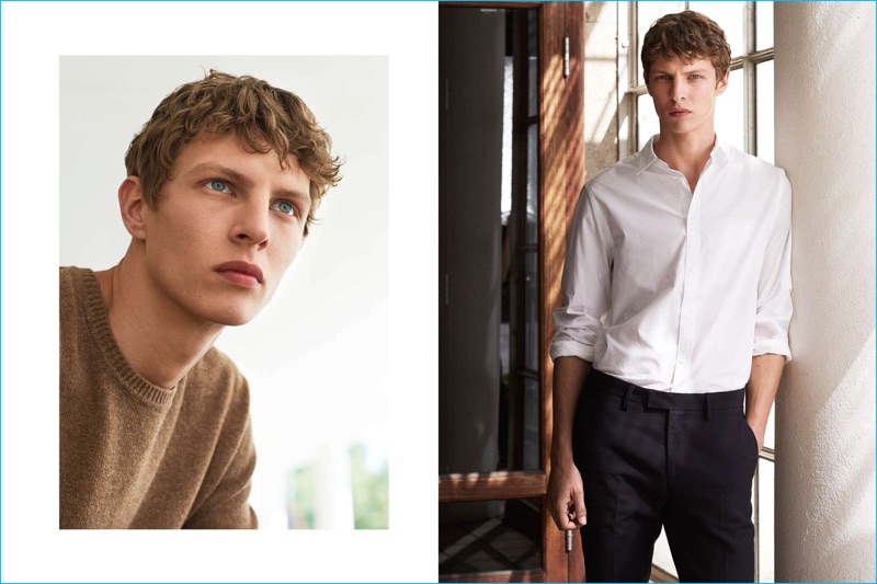 Pictured right, model Tim Schuhmacher wears a cotton button-down shirt and cropped suit pants from H&M.