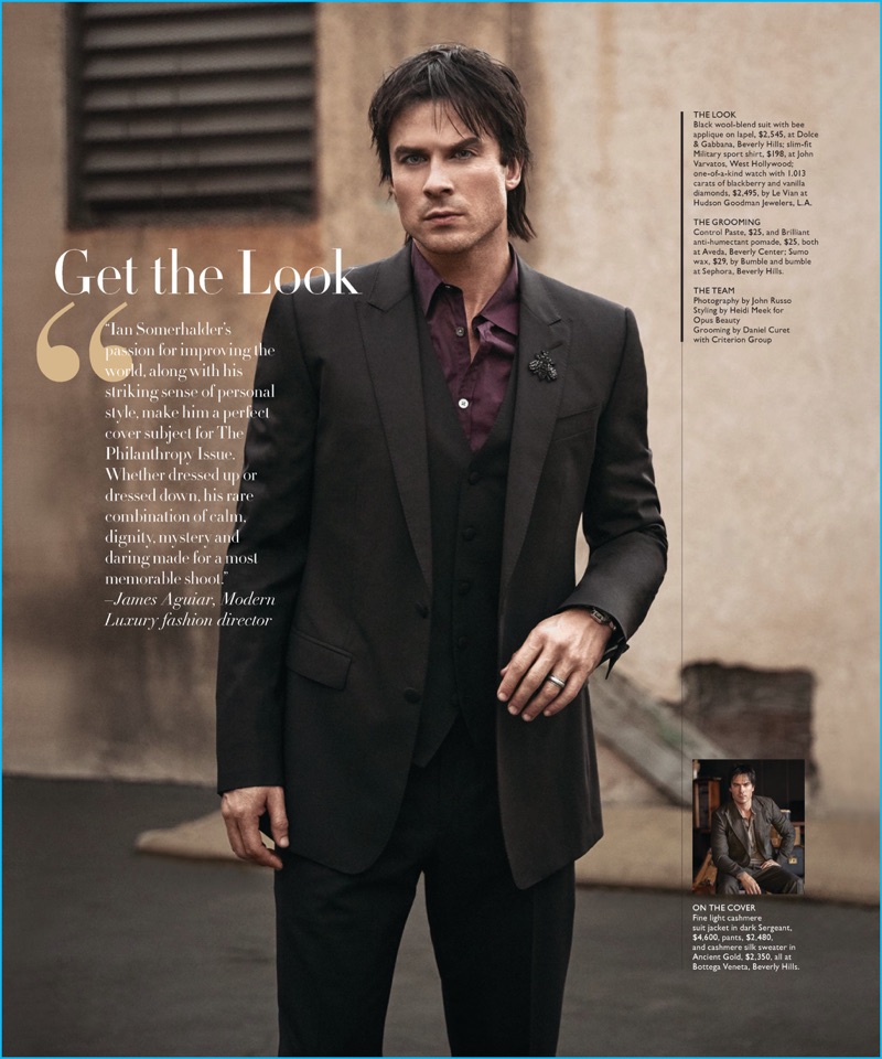 Heidi Meek outfits Ian Somerhalder in a Dolce & Gabbana wool-blend suit with a John Varvatos sport shirt.