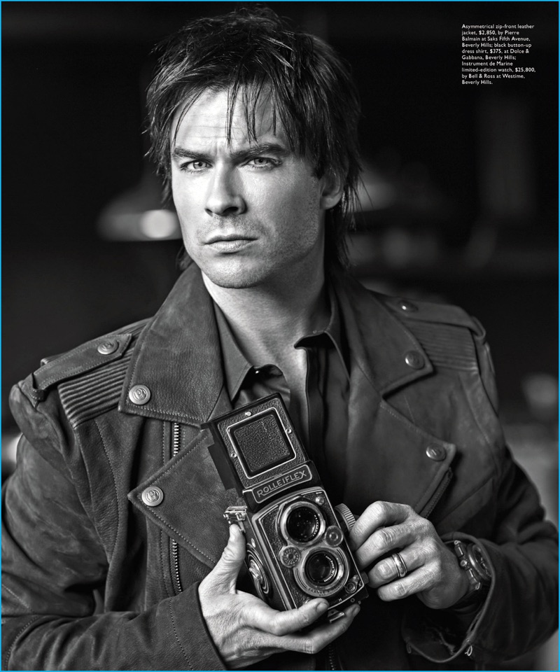 Vampire Diaries star Ian Somerhalder is front and center in a Pierre Balmain leather biker jacket, Dolce & Gabbana dress shirt, and Bell & Ross Instrument de Marine watch.