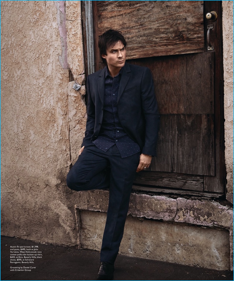 John Russo photographs Ian Somerhalder in a John Varvatos suit with an Etro shirt and Salvatore Ferragamo shoes.