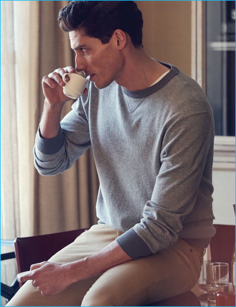 Ryan Kennedy enjoys a morning expresso in casual fashions from J.Hilburn.