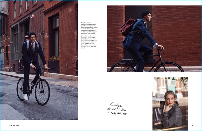 Donning suiting, Ryan Kennedy goes on a stylish bike ride with J.Hilburn. 