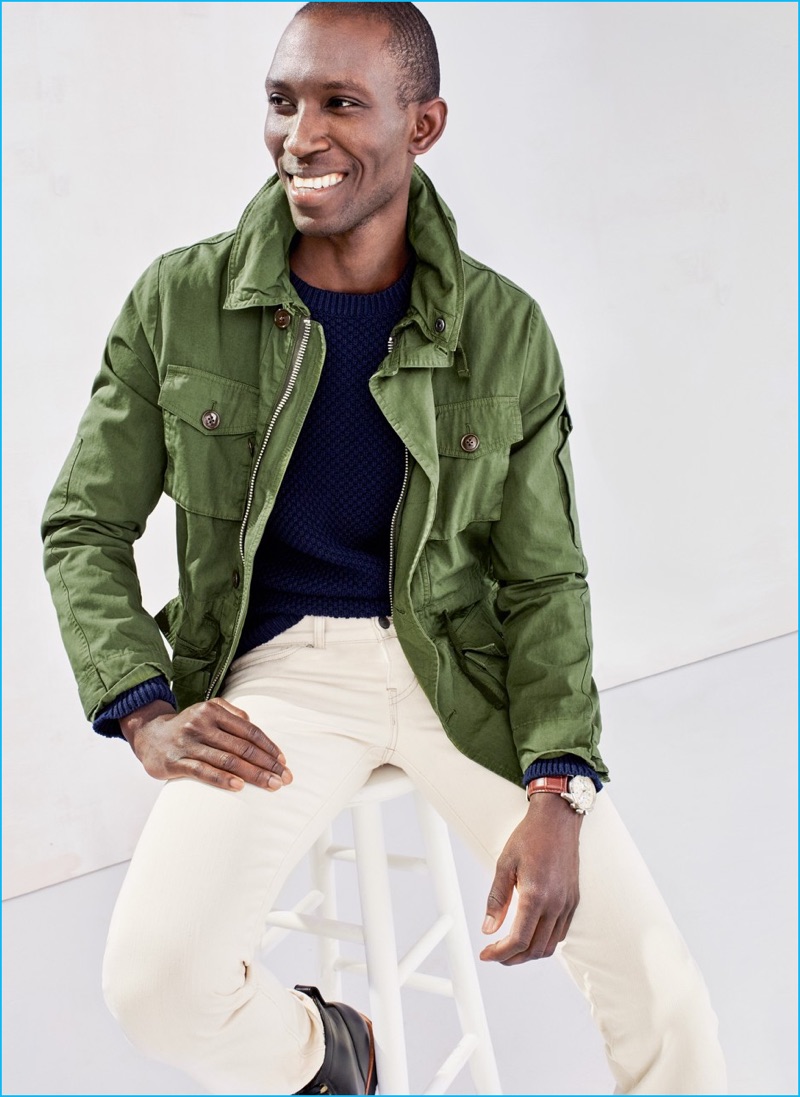 All smiles, Armando Cabral sports J.Crew's green field jacket.