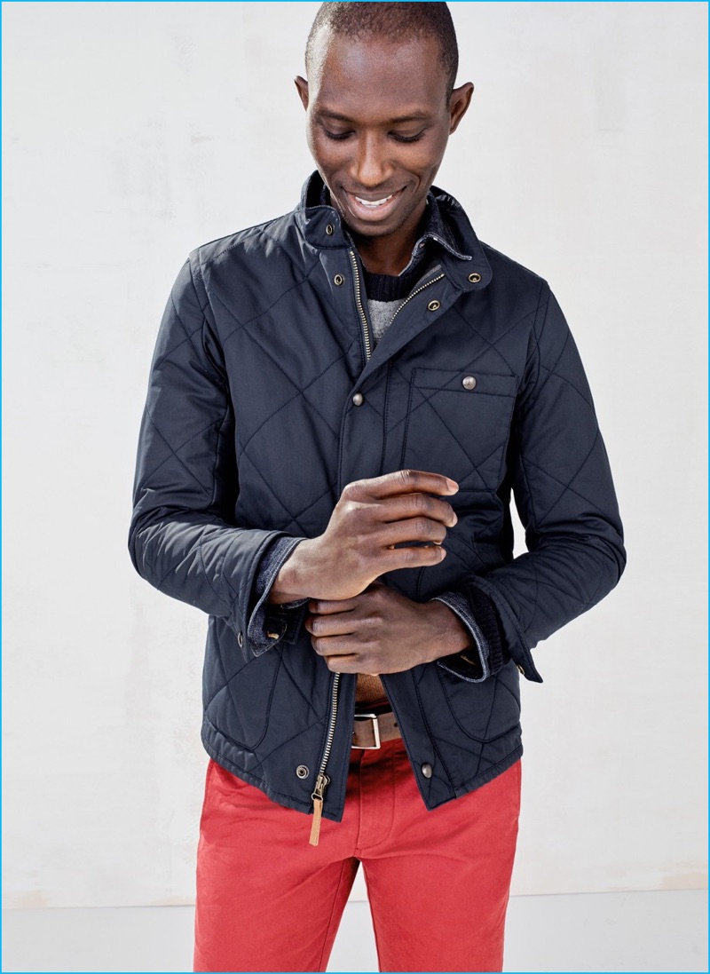 Model Armando Cabral sports J.Crew's navy Sussex quilted jacket.