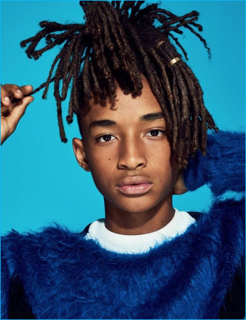 Embracing androgynous style, Jaden Smith rocks a mohair sweater from Louis Vuitton's women's collection.