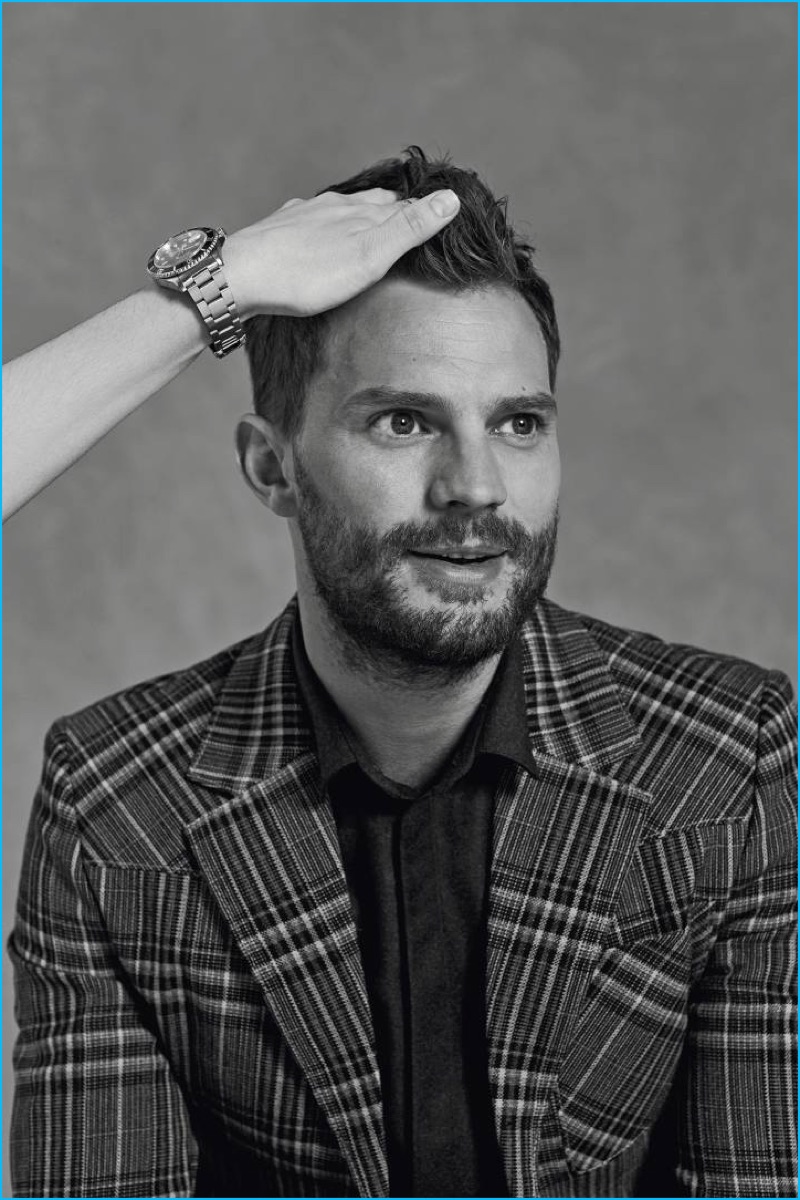 Appearing in a photo shoot for Icon El País, Jamie Dornan dons a check Prada jacket with an Emporio Armani shirt. » Jamie Dornan Covers Icon El País, Addresses Fifty Shades of Grey Criticism Appearing in a photo shoot for Icon El País, Jamie Dornan dons a check Prada jacket with an Emporio Armani shirt.
