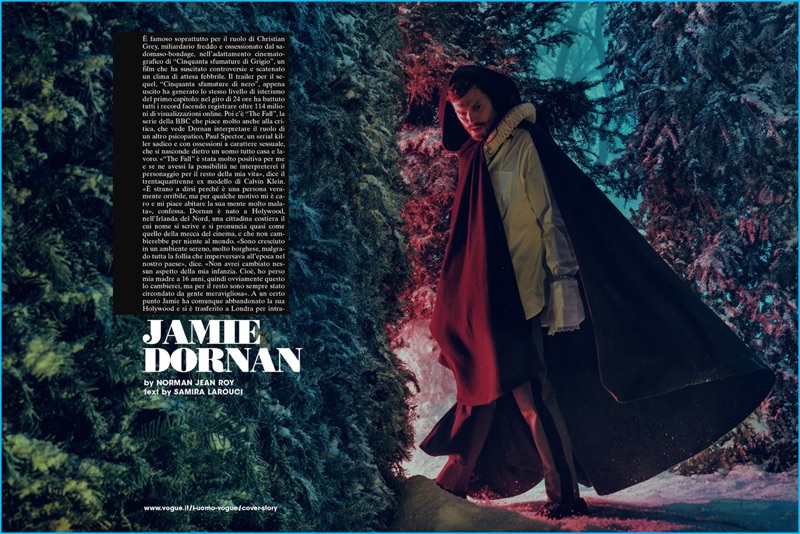 Appearing in L'Uomo Vogue, Jamie Dornan wears a Lemaire cape, complemented by Prada pieces. » Jamie Dornan Covers L'Uomo Vogue, Talks 'The Fall' Appearing in L'Uomo Vogue, Jamie Dornan wears a Lemaire cape, complemented by Prada pieces.