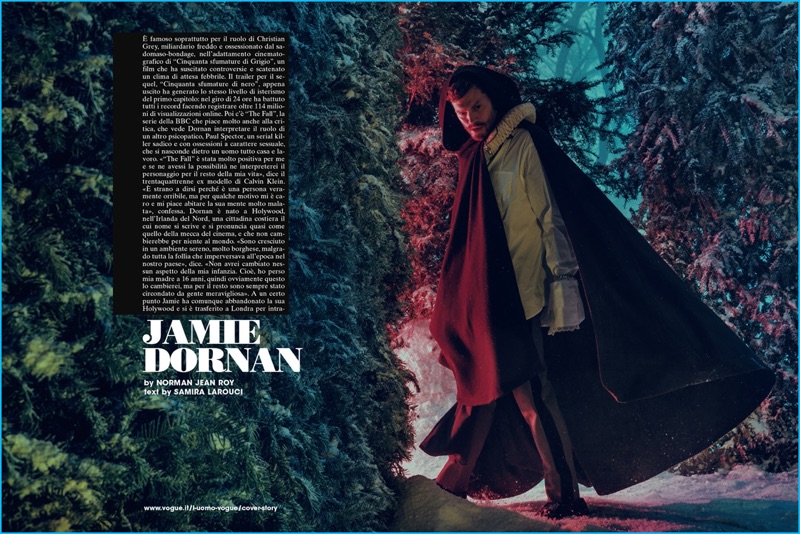 Appearing in L'Uomo Vogue, Jamie Dornan wears a Lemaire cape, complemented by Prada pieces.