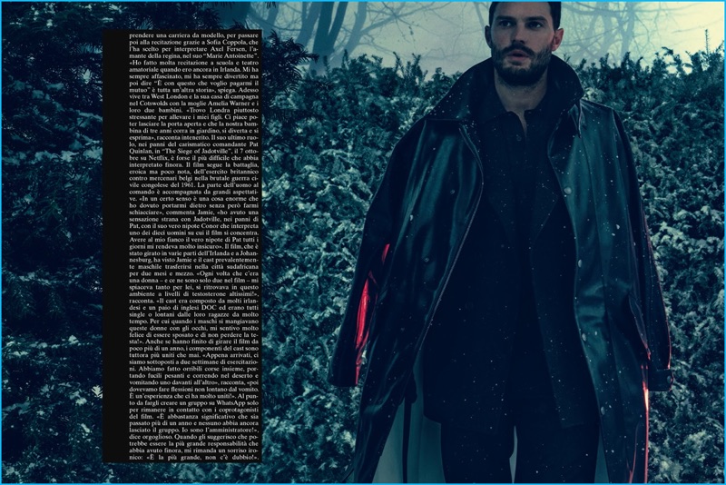 Embracing a moody demeanor, Jamie Dornan dons Bottega Veneta for the pages of L'Uomo Vogue.