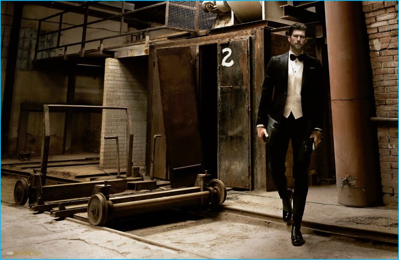 Model Jan Trojan cleans up in a Dsquared2 tuxedo.