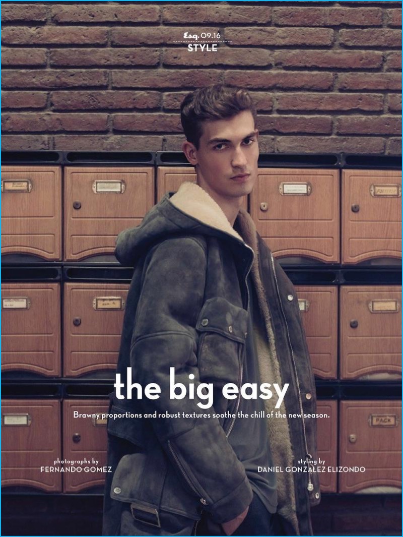 Appearing in an editorial for Esquire Philippines, Jason Anthony wears a shearling coat from Louis Vuitton.