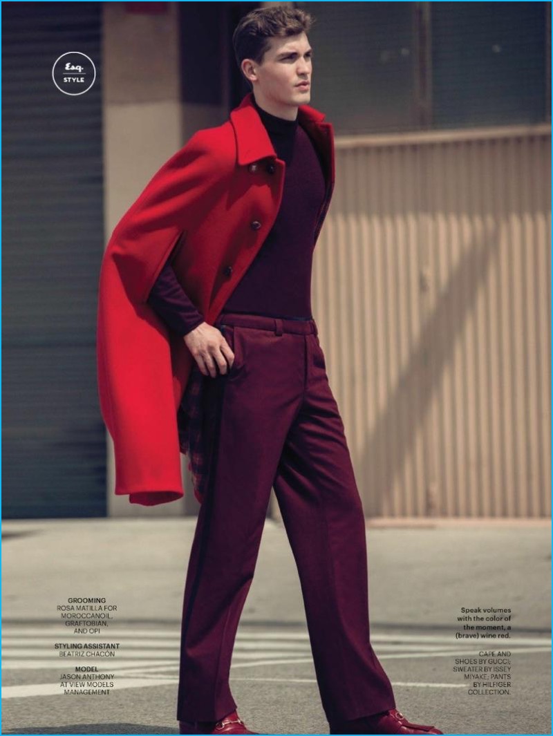 Fernando Gomez photographs Jason Anthony in a bold red Gucci cape for Esquire Philippines.