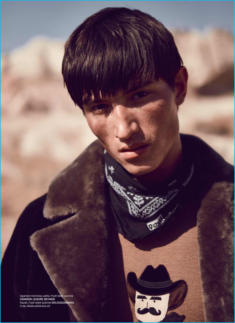 English model Jester White wears a western-inspired sweater from Dolce & Gabbana.