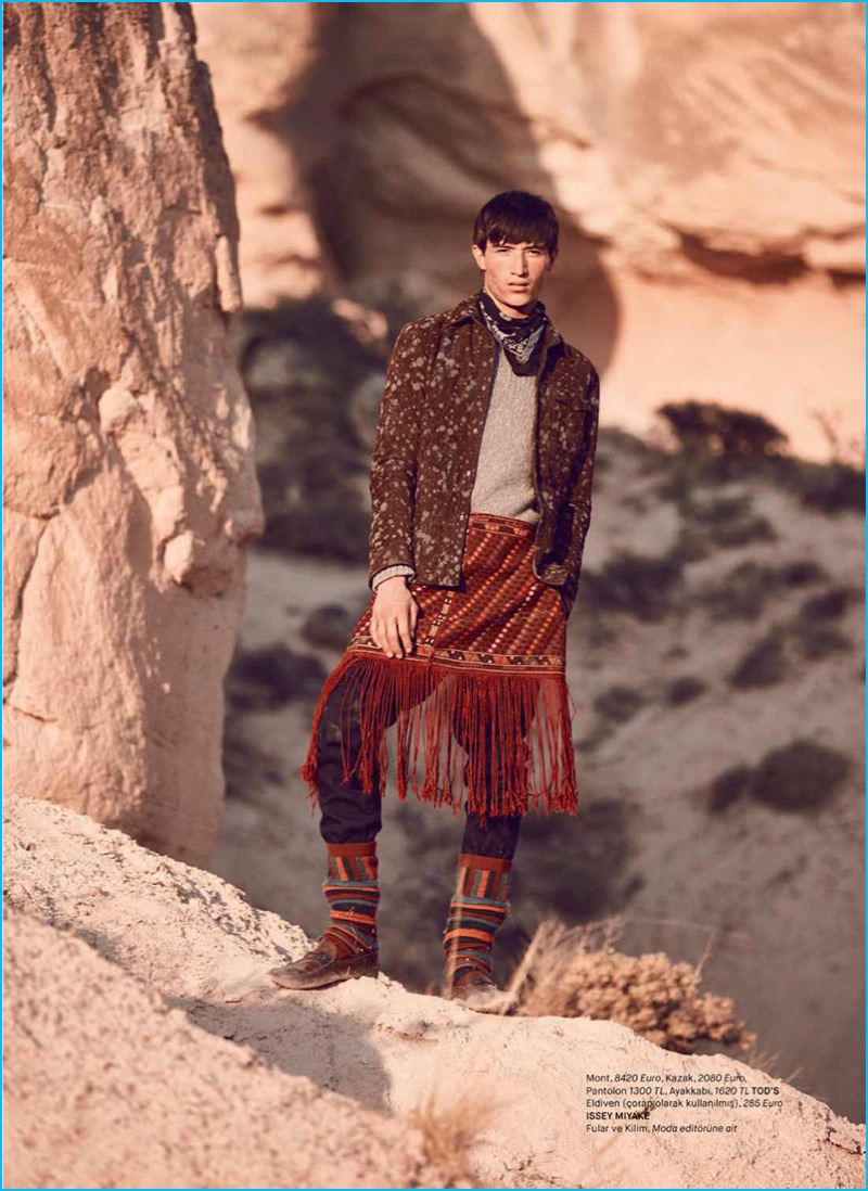 Appearing in an editorial for GQ Turkey, Jester White sports fashions from Tod's and Issey Miyake.