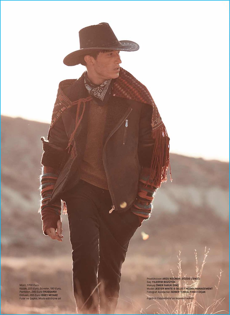 Embracing a western motif, Jester White wears standout pieces from Trussardi and Issey Miyake for GQ Turkey.