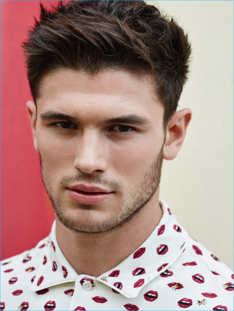 Frank Strachan styles Jevan Williams in a Bally kiss print shirt for Winq.
