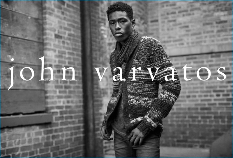 Sheani Gist dons a patterned cardigan sweater from John Varvatos.