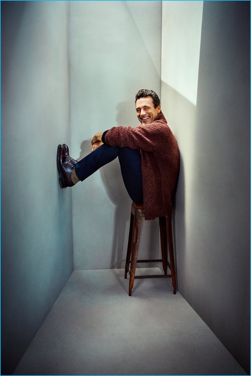 All smiles, Jon Hamm is infectious in a Massimo Alba shawl-collar mélange alpaca-blend cardigan, Brunello Cucinelli slim-fit pinstripe wool trousers, and John Lobb leather oxford shoes.