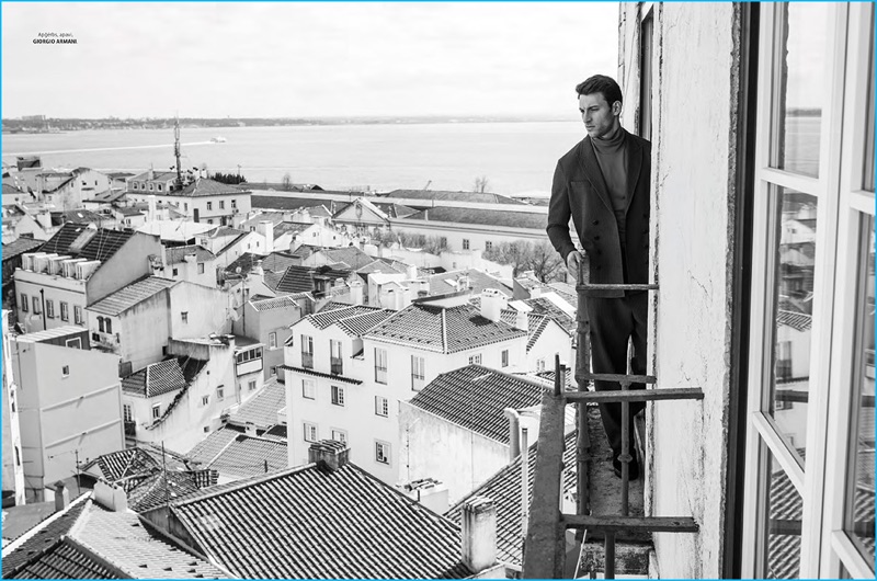 Overlooking Lisbon, Jonathan Sampaio wears Giorgio Armani for the pages of L'Officiel Hommes Latvia.