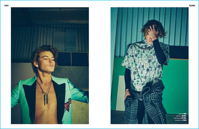 Offering a laid-back attitude, Jordan Barrett sports fashions from Gucci, Bassike, and more for 10 Men Australia.