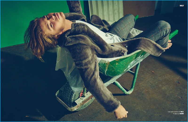 Charles Dennington photographs Jordan Barrett in a shearling coat from Bally for 10 Men Australia.