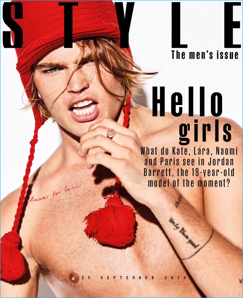 Jordan Barrett goes shirtless for the cover of Sunday Times Style magazine.