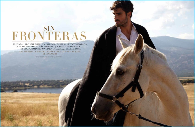 Riding horseback, Juan Betancourt wears a fall-winter 2016 look from Ermenegildo Zegna Couture.