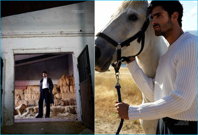 Pictured left, Juan Betancourt models an outfit from Spanish brand Loewe. Posing with a horse, Juan dons Ermenegildo Zegna Coutrue.