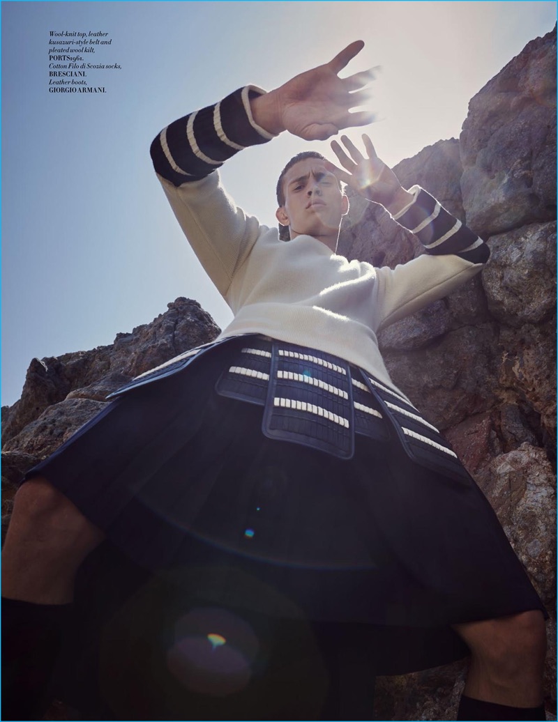 Julian Schneyder wears a knit and kilt from Ports 1961 for L'Officiel Hommes Singapore.