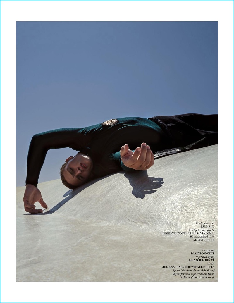 Appearing in L'Officiel Hommes Singapore, Julian Schneyder wears a Balmain turtleneck with Dries Van Noten trousers.