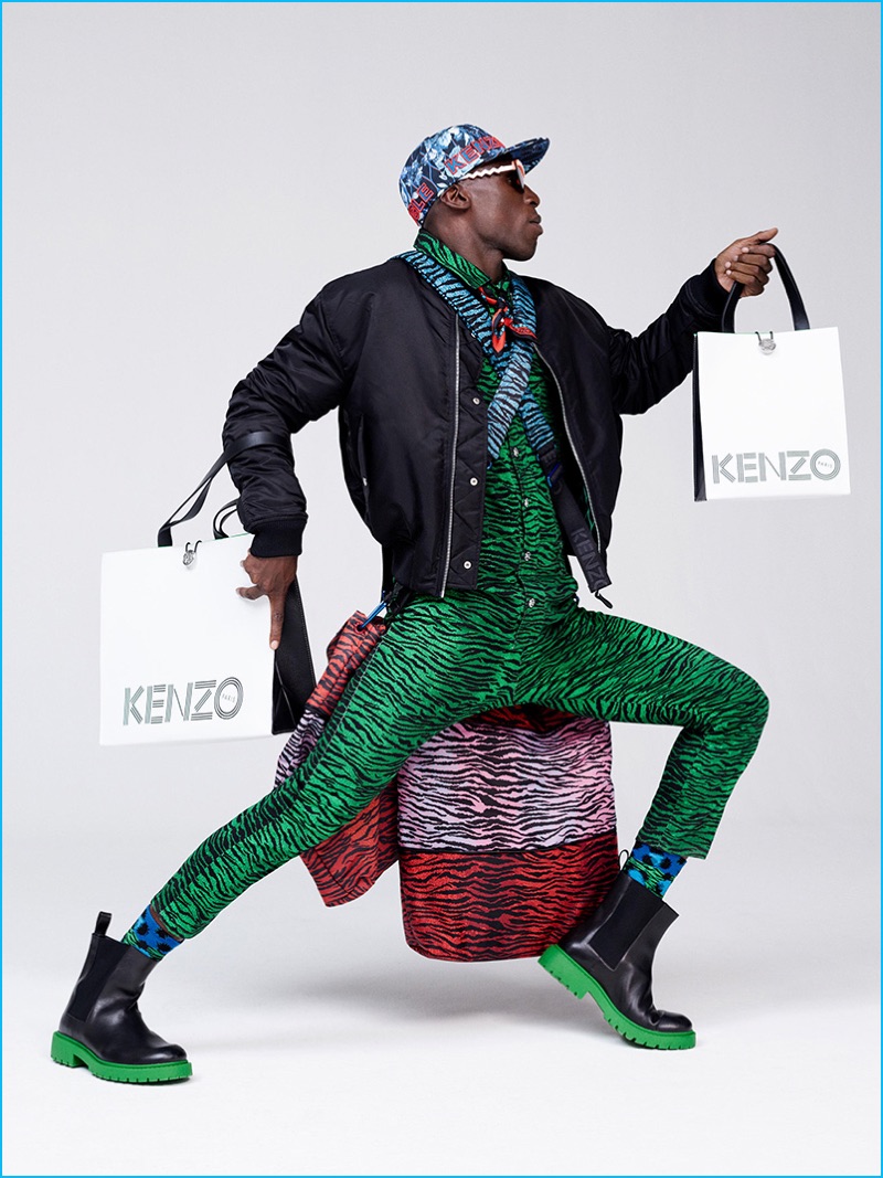 Making a green statement, Kenzo completes its bold H&M look with rubber boots.