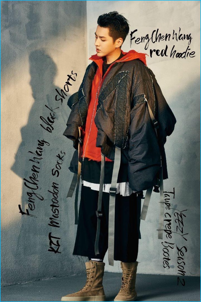 Championing adventurous layers, Kris Wu dons the latest from Feng Chen Wang for YOHO! magazine.
