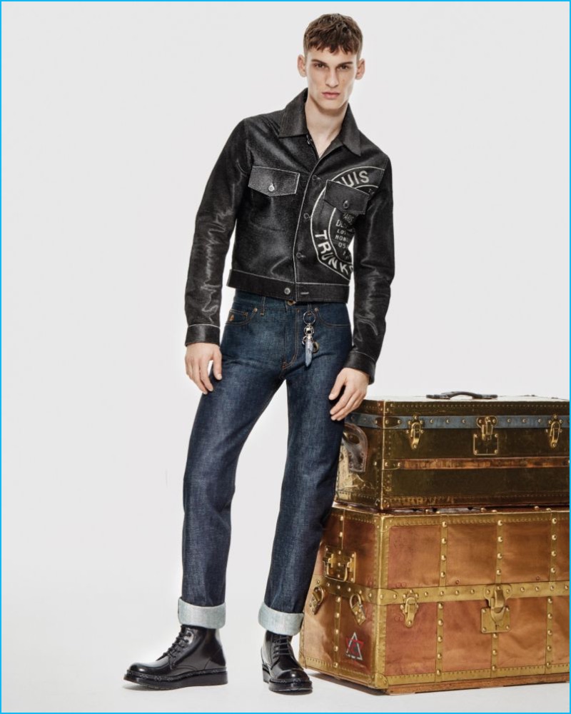 Model David Trulik poses in jeans from Louis Vuitton's exclusive denim collection.