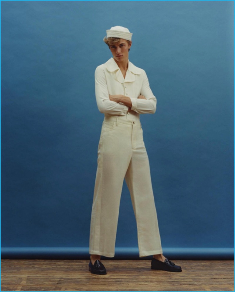 Channeling sailor style, Lucky Blue Smith wears Wales Bonner for ES magazine.